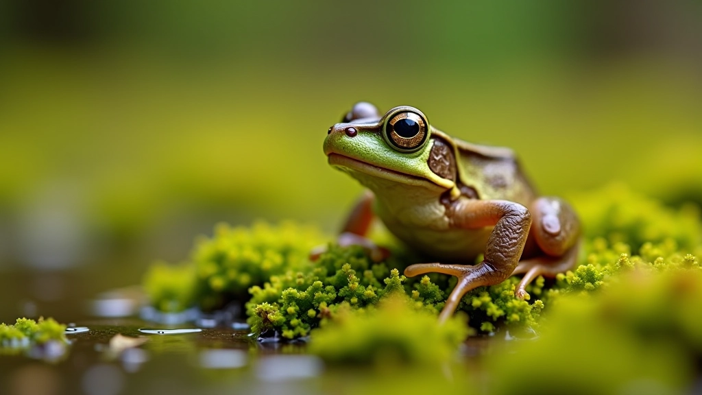 Common frog sitting on moss near water's edge in natural bog environment, green coloring blending with surrounding vegetation