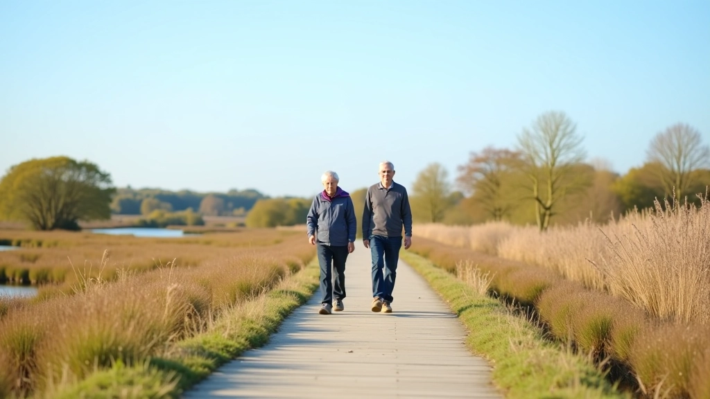 Two senior people walking together on a boardwalk path, demonstrating accessible outdoor activity