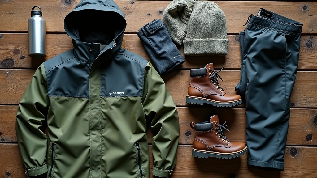 Outdoor hiking gear laid out including waterproof jacket, walking boots, water bottle, and layered clothing on wooden surface