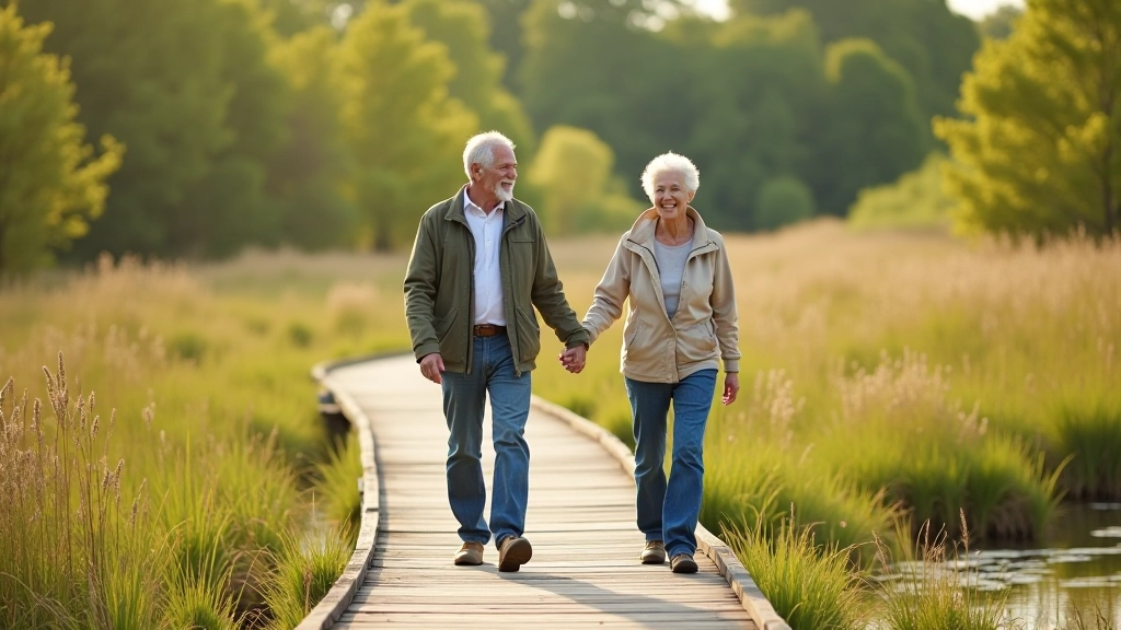 Older adults enjoying a peaceful walk on a well-maintained boardwalk through the wetlands
