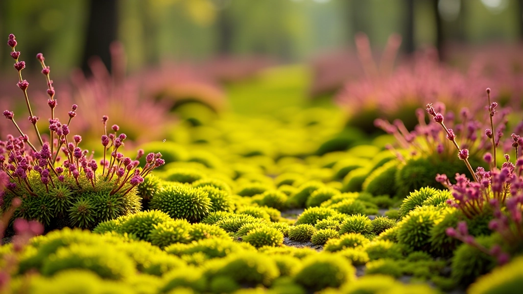 Dense carpet of sphagnum moss in shades of green and red with low-growing heather plants and small wildflowers, natural bog environment with soft natural lighting