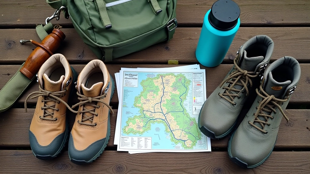 Comfortable walking boots and hiking accessories arranged on outdoor surface with trail map and thermos nearby