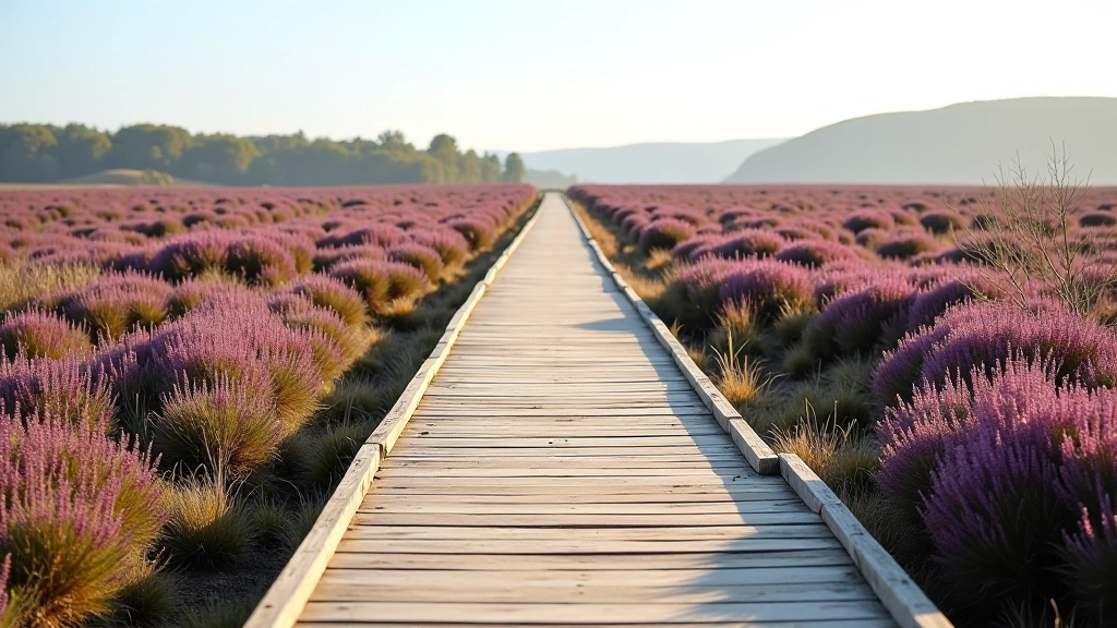Elevated boardwalk view showing wooden pathway stretching through open bogland with purple heather and distant horizon