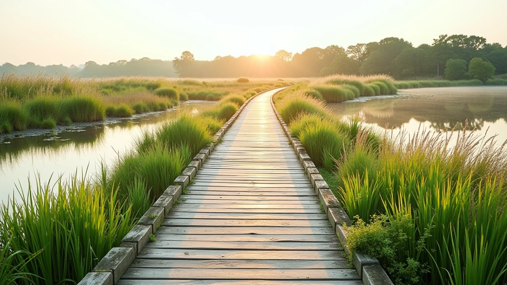 Wooden boardwalk path winding through lush green wetland area with water reflections and distant trees